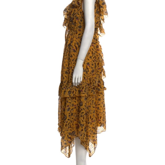 ULLA JOHNSON Yellow Amber Floral Print DANIA Ruffle Tiered Tie Shoulder MIDI 4 - Picture 6 of 16